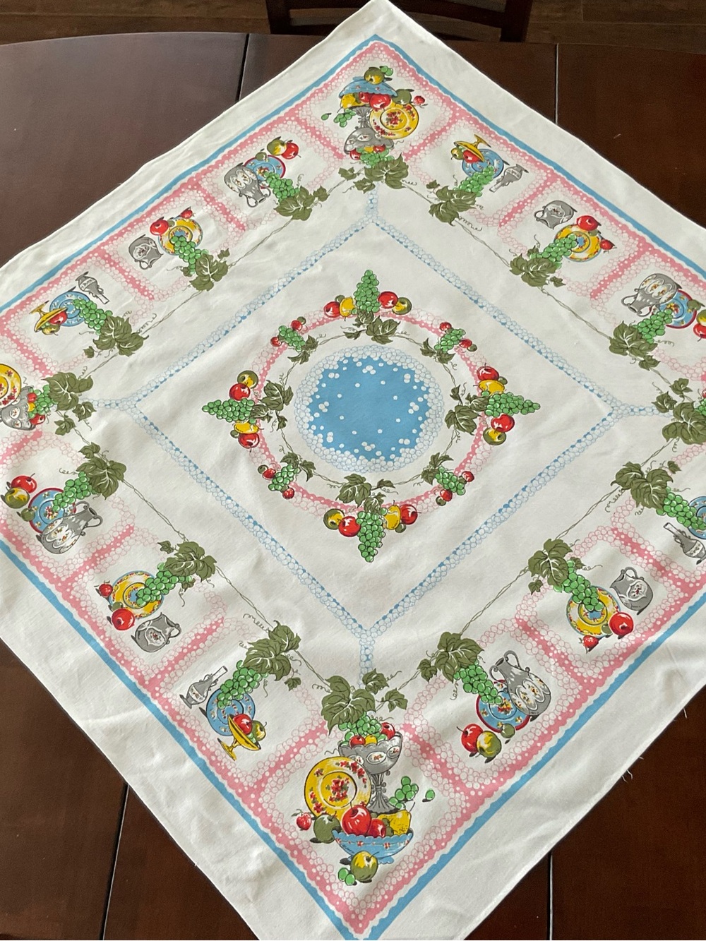 Vintage Fruit Print Tablecloth - White with Blue, Green, Red Accents